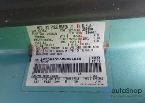 1994 Ford F150 from USA, damaged, VIN 1FTDF15Y6RNB41630